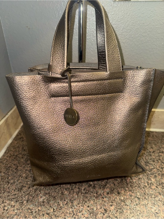 Furla Handbags - Furla "Divide It" Small Metallic Bronze Pebbled Leather Tote Bag with Charm